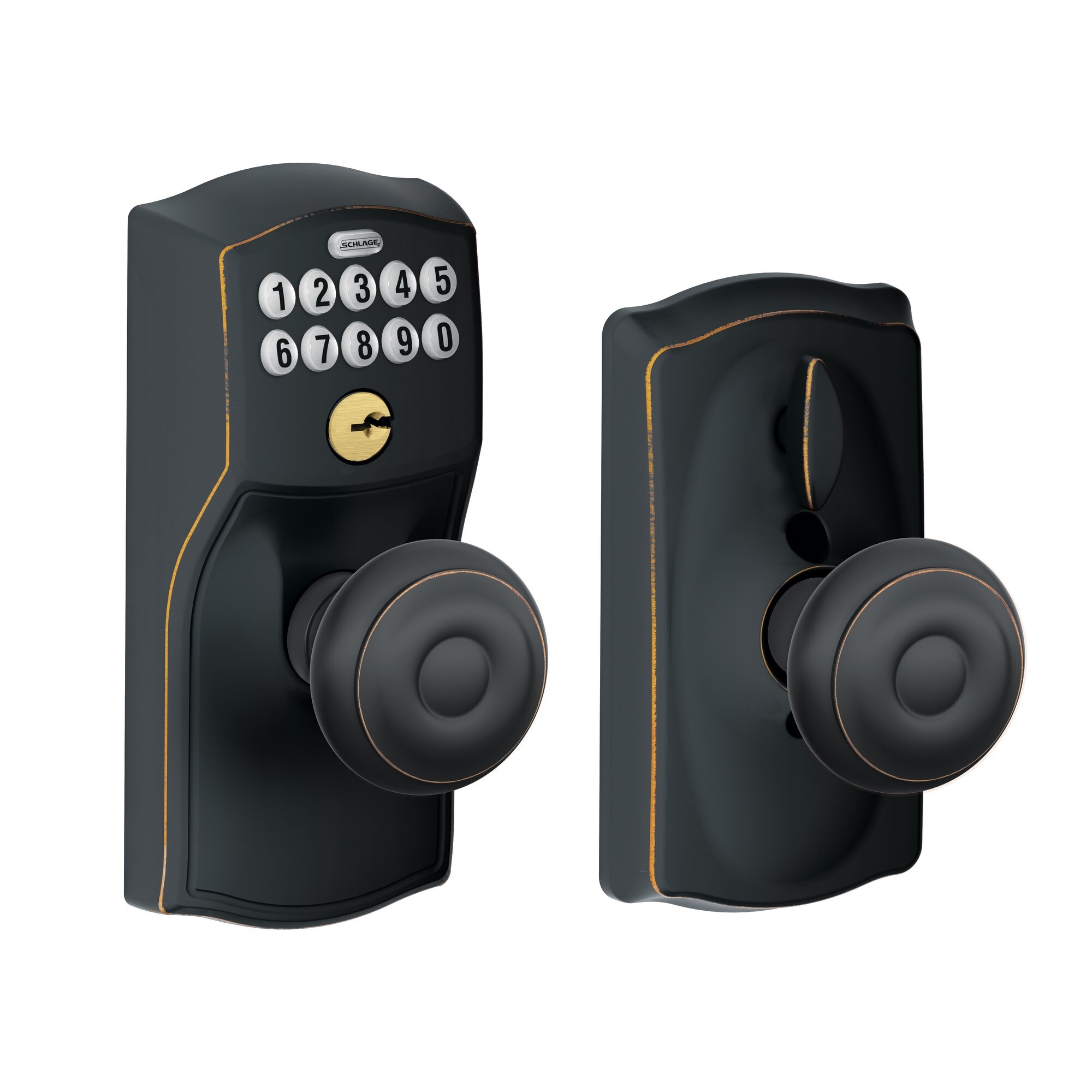 Schlage Fe595 Cam Geo Camelot Keypad Entry With Flex Lock Door Knob Set With Georgian Interior Knob