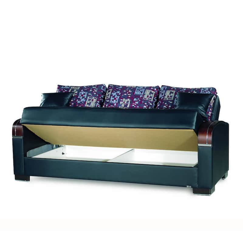 HomeRoots 87" Black Faux Leather Convertible Futon Sleeper Sofa And Toss Pillows With Storage