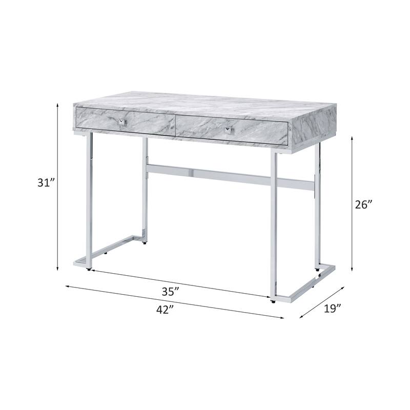White Faux Marble Writing Desk with Chrome Finish Frame Modern Home Office Desk - N/A