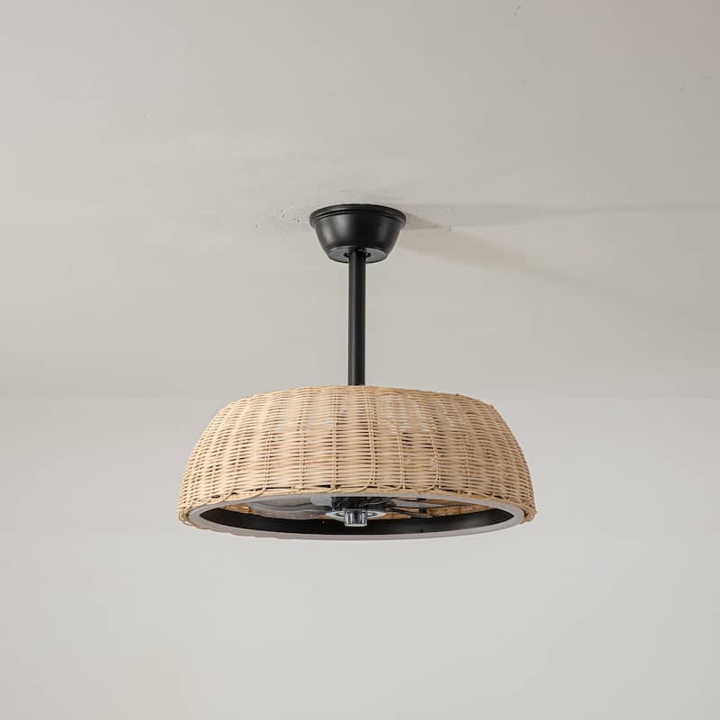 21.3" W Indoor Boho Woven Rattan Matte Black with ABS Blades Remote Control & 3-Color Dimmable LED Ceiling Fan Light