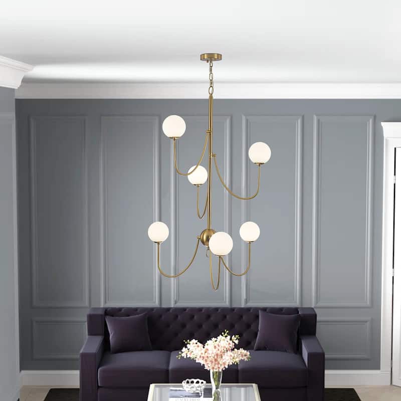 6-light Mid - Century Modern Gold Chandelier, Multi - Arm Globe Glass Pendant Light