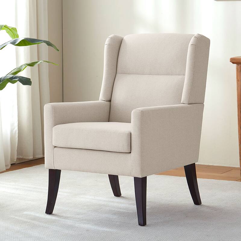 Set of 2 Modern Upholstered Accent Chairs with High Back and Wooden Legs – Grey/Beige/Brown