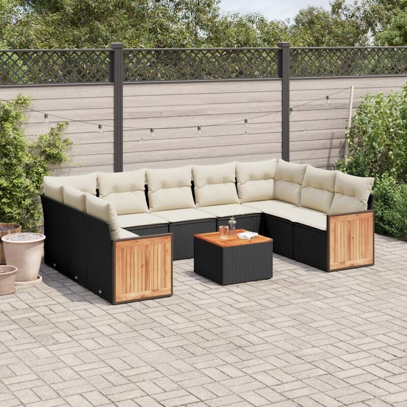 vidaXL Patio Sofa Set with Cushions Outdoor Conversation Furniture Poly Rattan - Black and Cream-With table - 21.7 x 21.7 x 14.6