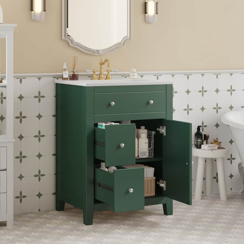 24" Modern Bathroom Vanity with Ceramic Basin,2 Drawers