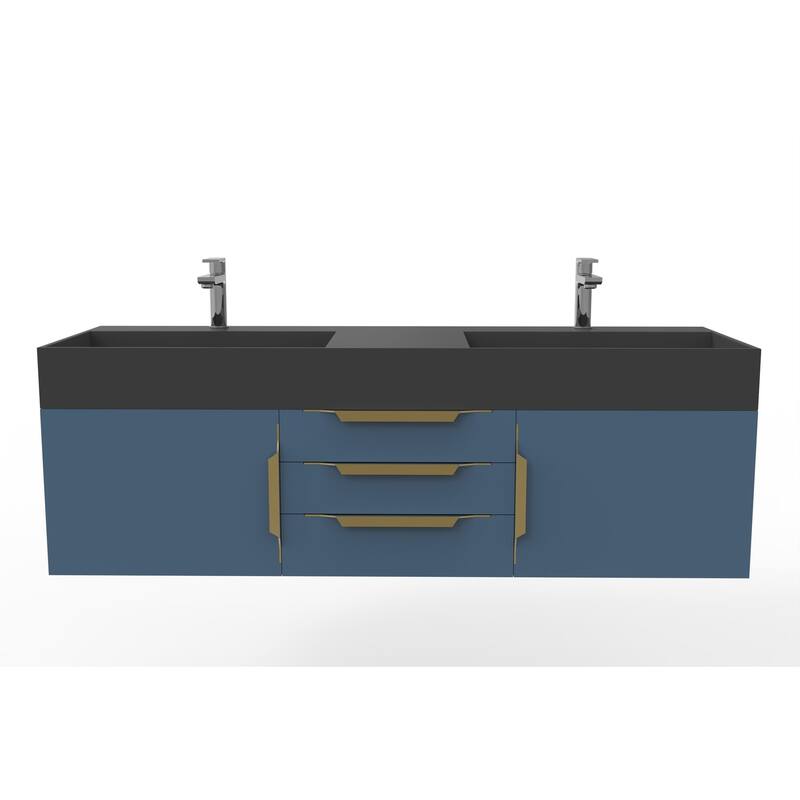 Amazon 60" Wall Mounted Bathroom Vanity Set w/ Black Top - Blue - Gold Finish
