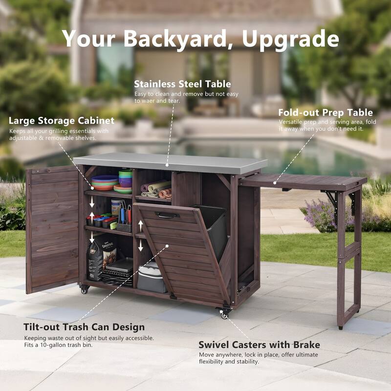 78.3" Outdoor Kitchen Island with Foldable Grill Table, Solid Wood BBQ Cart with Trash Storage & Stainless Steel Top