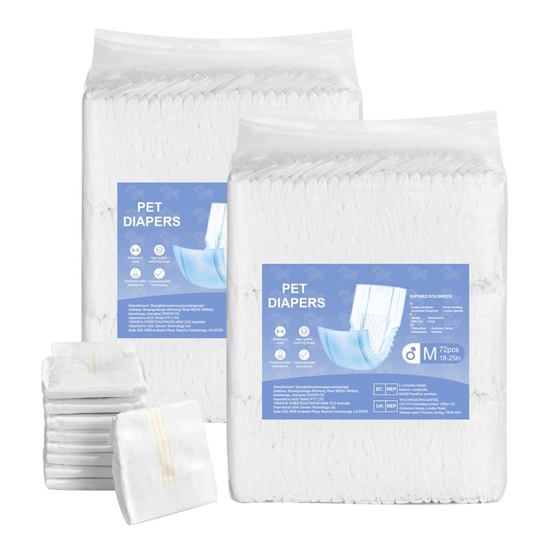 UIMOSO Disposable Male Dog Diapers, Super Absorbent Male Dog Wraps, 360 ° Leak-Proof Belly Bands with Wetness Indicator - M, 144 Count (2 Packs of 72)
