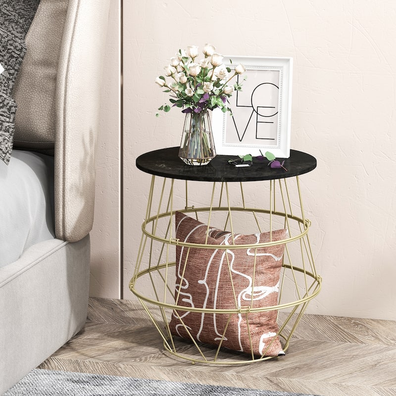 Modern Round Coffee Table with Gold Metal Frame and Storage - 16" x 16" x 15"