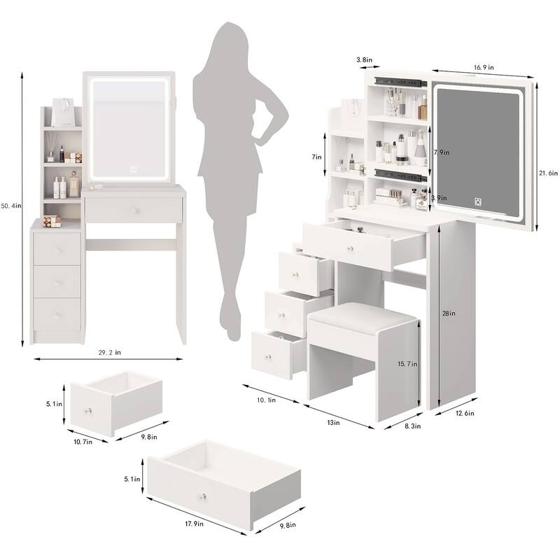 Make-Up Vanity Table and Stool with Brightness Adjustable LED Mirror