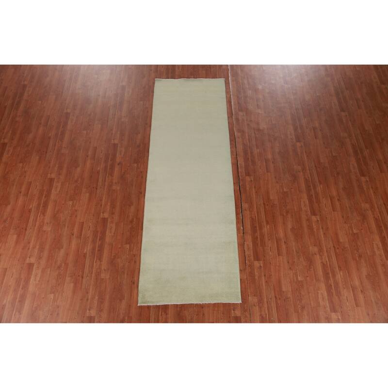 Hand Knotted Oriental 100% Wool Carpet Modern Solid Green Gabbeh Runner Rug - 9' 10'' X 3' 2''
