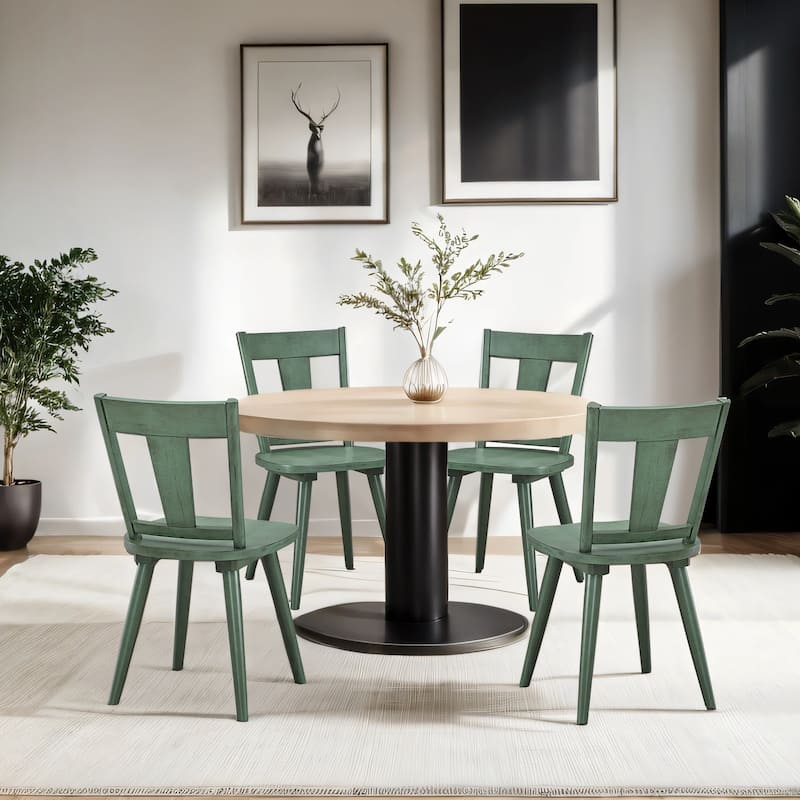 Vintage Panel Back Wooden Dining Chairs - Set of 4 - Antique Green