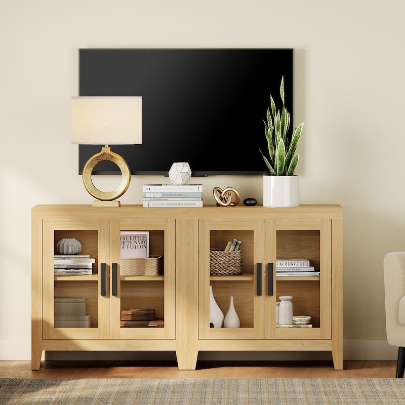 WAMPAT Modern Farmhouse TV Stand, Entertainment Center with Tempered Glass Doors & Adjustable Shelves