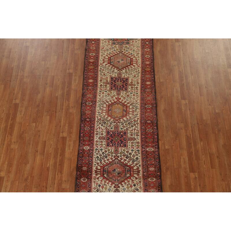 Hand Knotted Oriental 100% Wool Carpet Traditional Geometric Beige & Ivories Heriz Runner Rug - 10' 7'' X 3' 3''