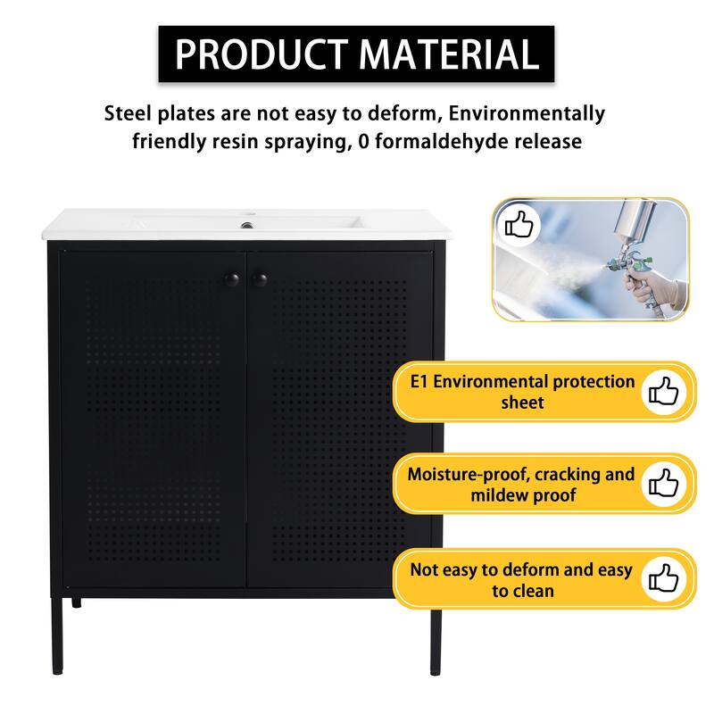 30-Inch Modern Freestanding Bathroom Vanity with Ceramic Sink, Cold-Rolled Steel Frame, Adjustable Shelves - 30in L Steel