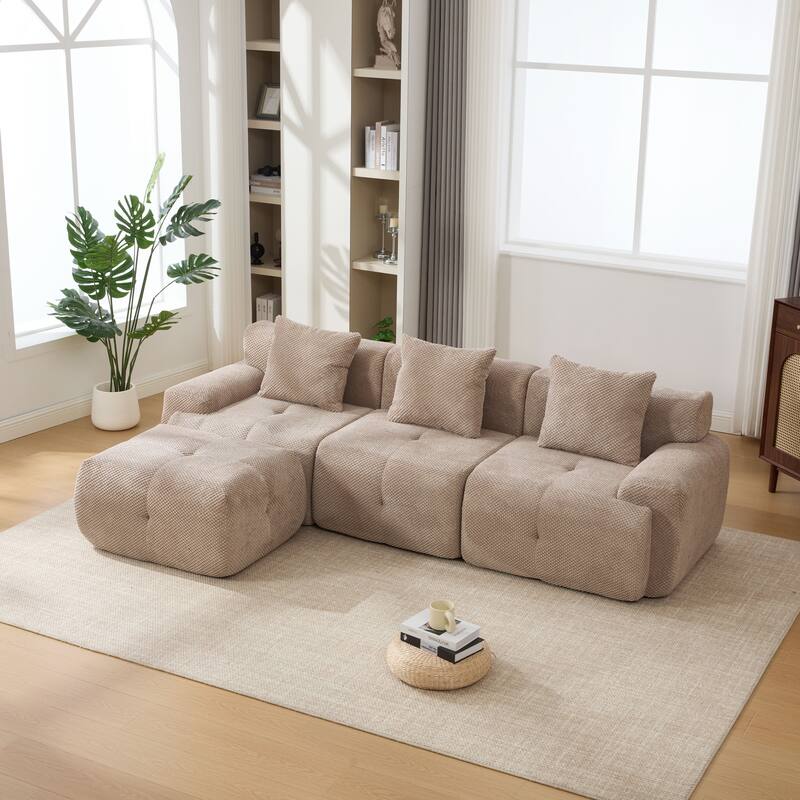 104"W Modern Upholstered Sectional Sofa with 3 Pillows and Ottoman