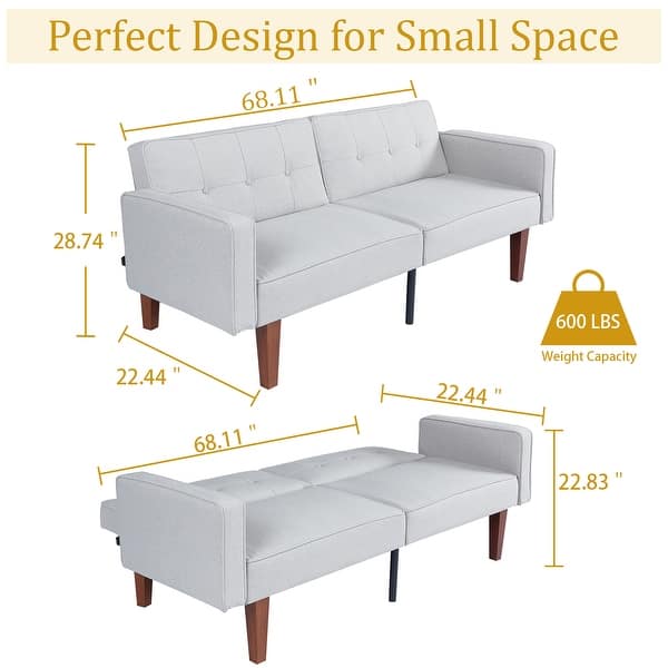 dimension image slide 2 of 4, 68 in. Soft Convertible Sofa Bed with Adjustable Backrest and Solid Wood Legs