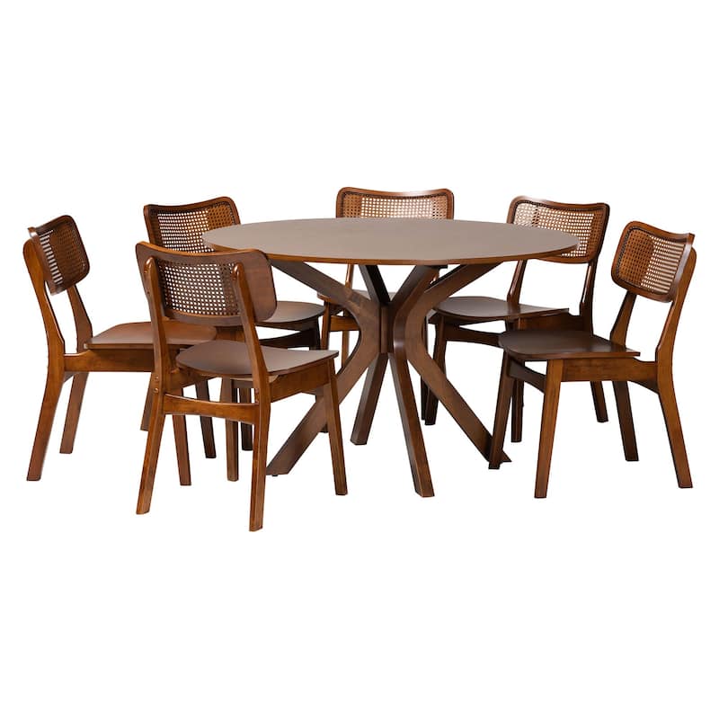 Linnet Mid-Century Modern Wood and Rattan 7-Piece Dining Set - Walnut