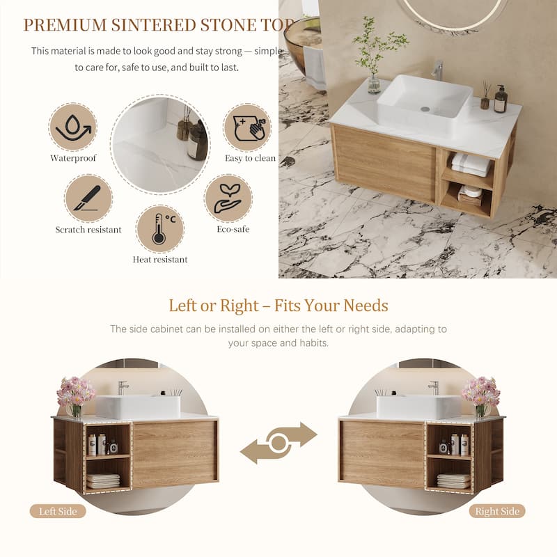 36" Modern Bathroom Vanities With Single Sink, White Glossy Stone Table Top， Floating Vanities With Wood Cabinets