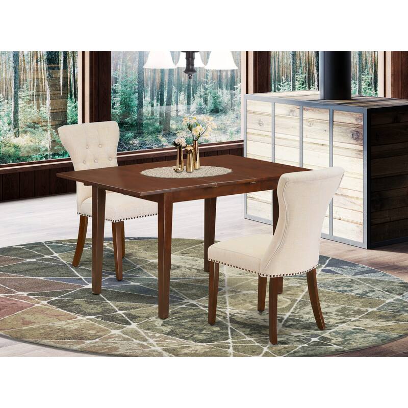 East West Furniture 3 Piece Kitchen Table Set- a Dining Room Table and 2 Light Beige Linen Fabric Parson Chairs, Mahogany - PSGA3-MAH-32