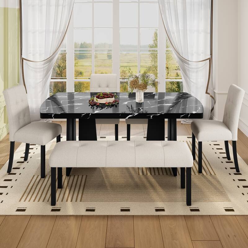 6 Pcs Wooden Dining Table Set, Faux Marble Dining Table with 4 Chairs & 1 Bench, Kitchen Dining Table & Chair Set for 6 Persons