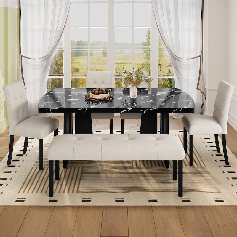 6 Piece Standard Height Dining Table Set with 63" Faux Marble Table and 4 Upholstered Chair, Bench for Kitchen - Beige+Black