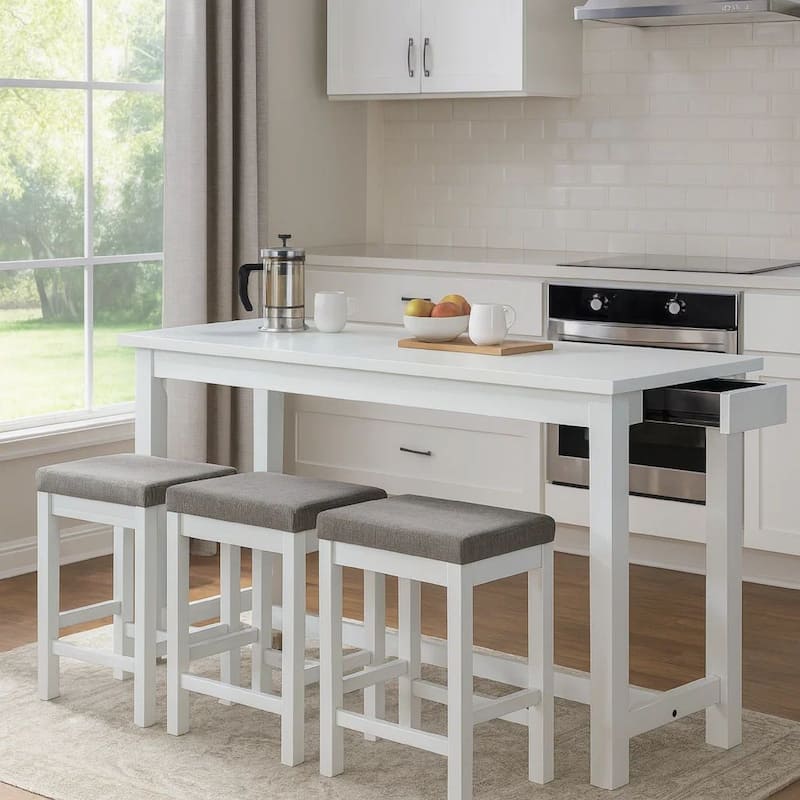 1 Drawer Counter Height Table with Backless Stools,Set of 4,White and Gray