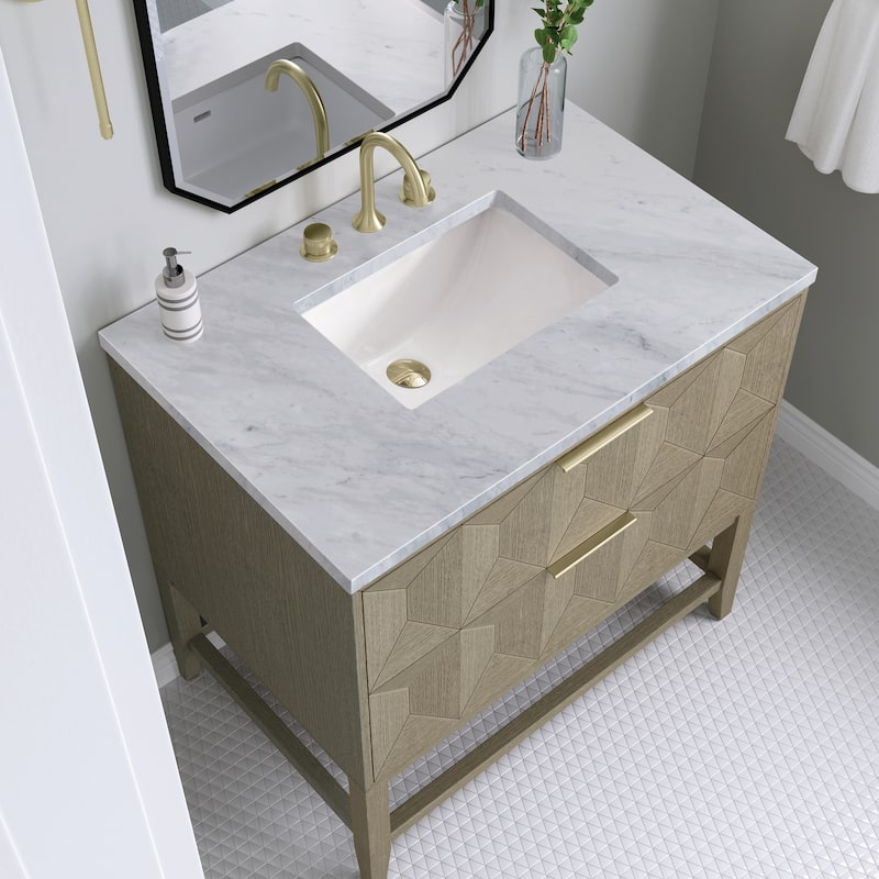 James Martin Vanities Emmeline 36" Single Vanity, Pebble Oak - Carrara Marble