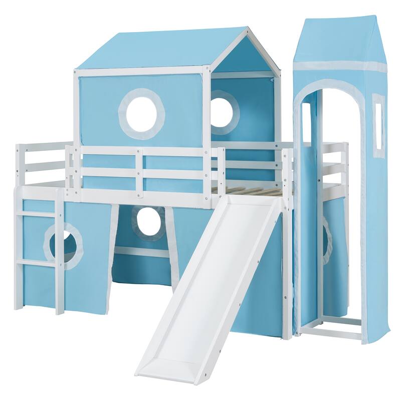 Twin Size Loft House Bed with Slide, Tent, & Tower