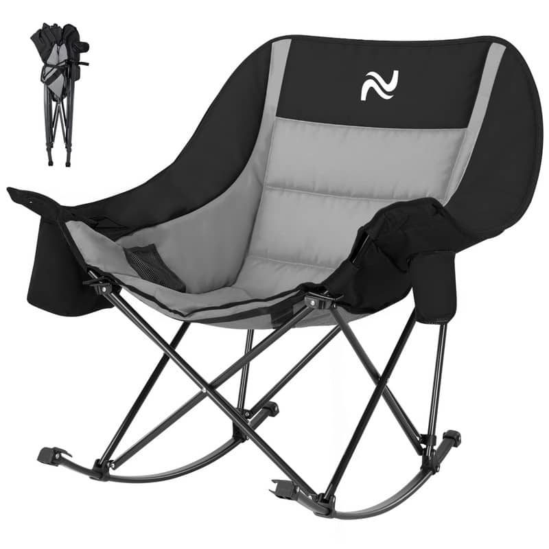 Oversized Rocking Camping Chair for Adults, Cup Holder, Carry Bag - Black