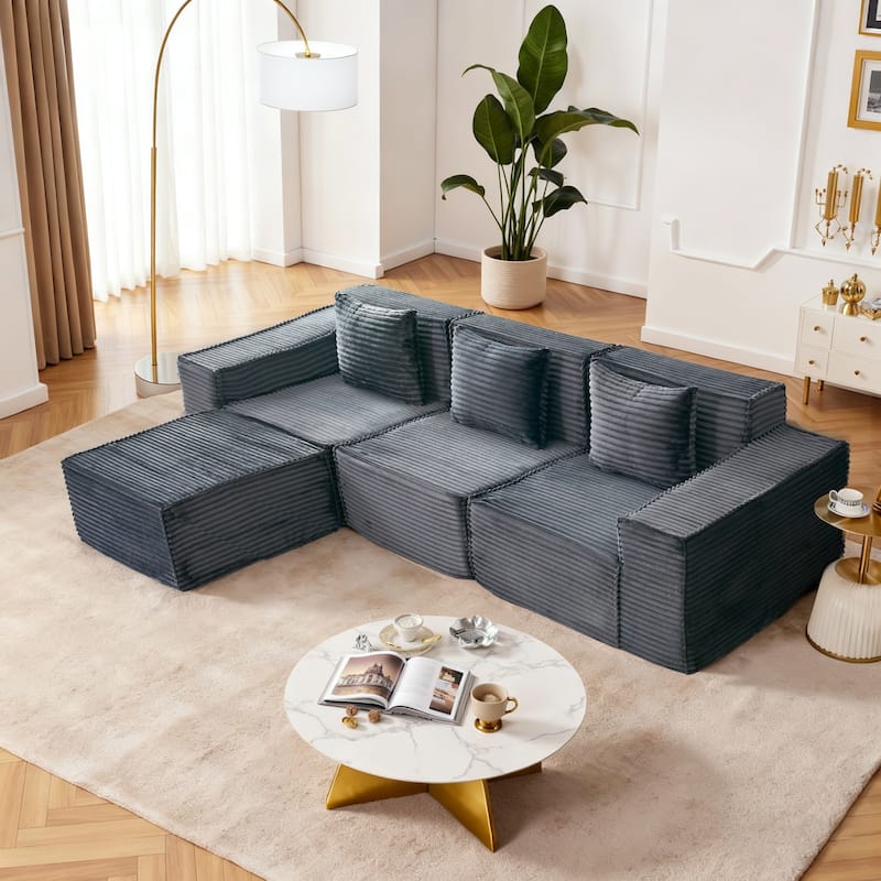 L-Shaped Modular Sectional Sofa,3-Seater with Ottoman,Striped Corduroy Fabric for Home, Apartment, Office