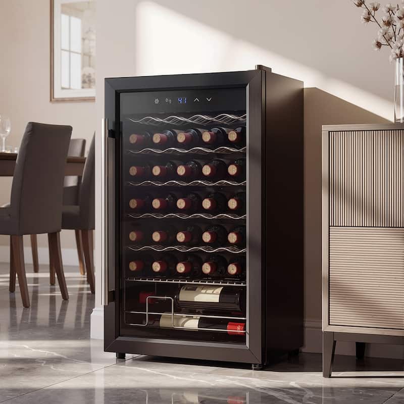 Wine Bar Cabinet with Mini Fridge Space & 34 Bottle Wine Cooler, 39" Coffee Bar Cabinet Freestanding Buffet Sideboard - Wine Cooler Only