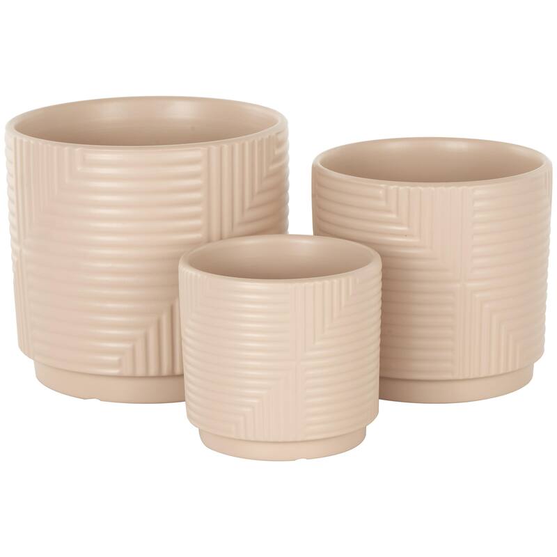 Ceramic Geometric Indoor Outdoor Planter with Layered Square Shaped Grooves - Set of 3 Pink, Cream or Gray - Roche River Decor