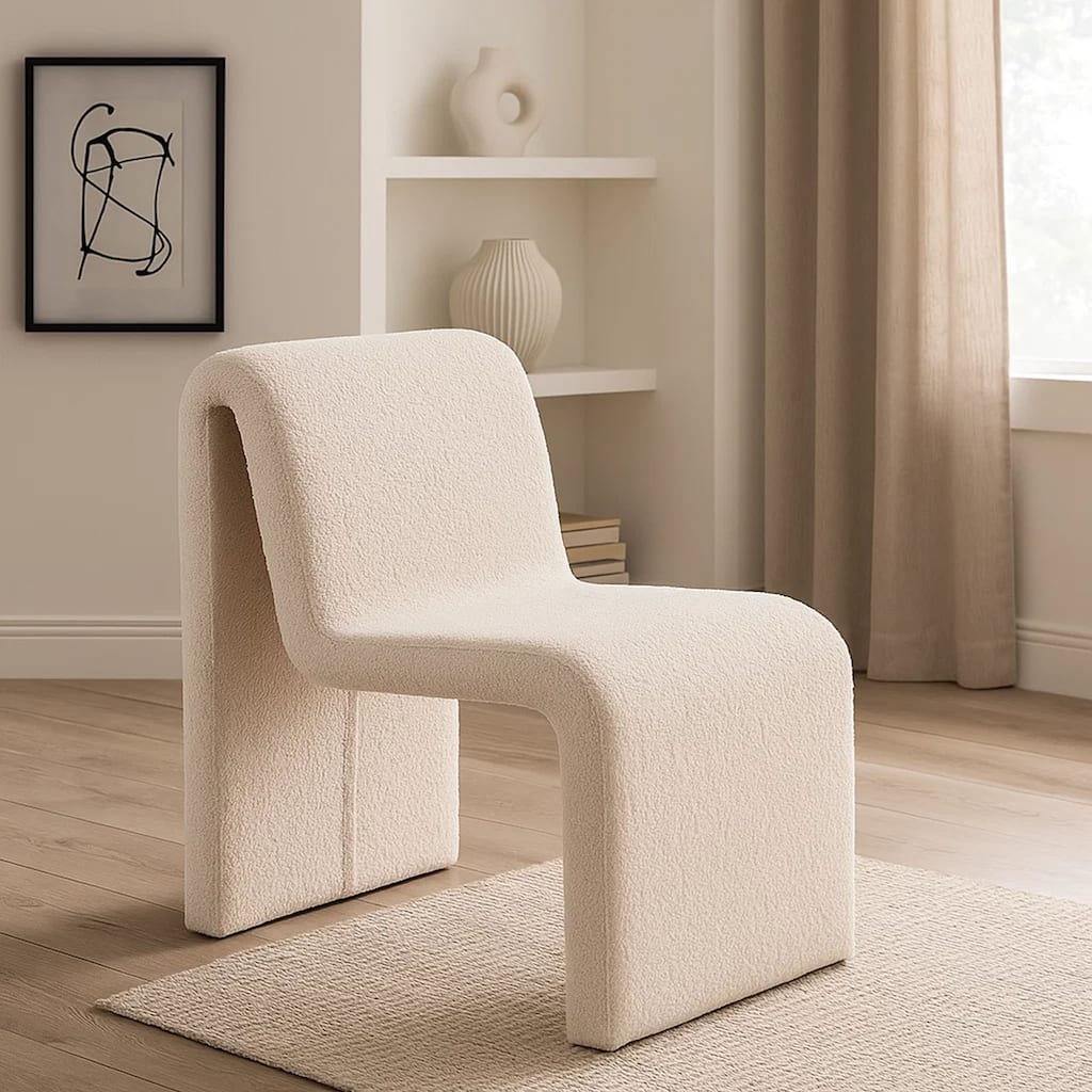 Nena Armless Dining Chair, Curved Light Camel Brown Shearling Fabric