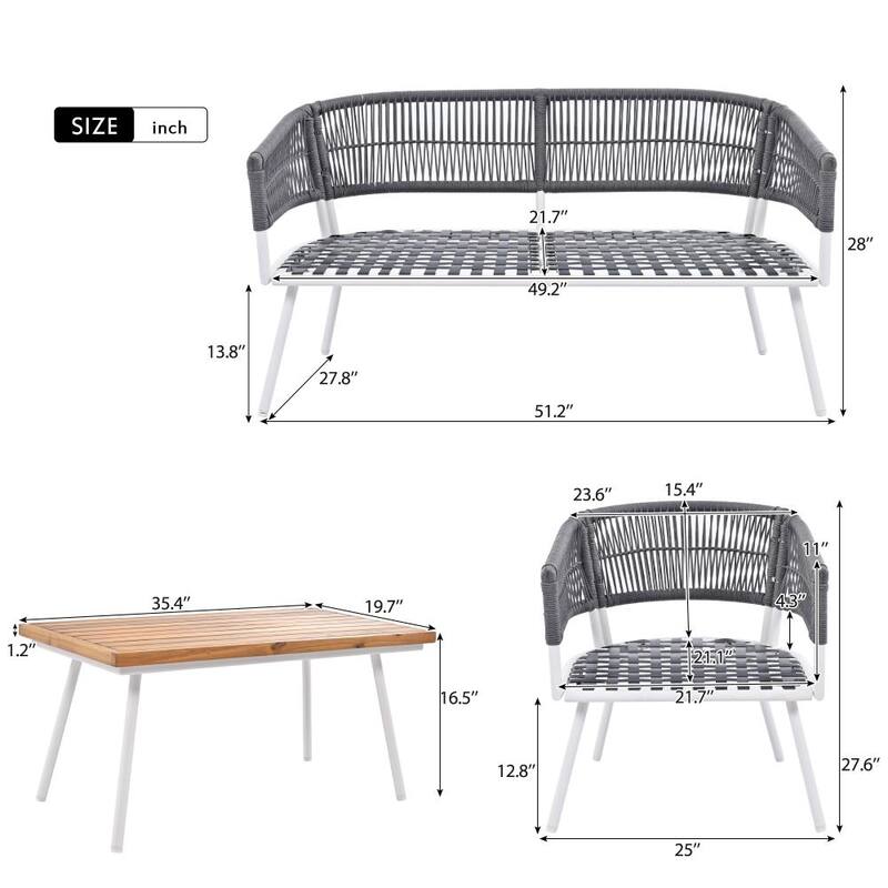 4-piece Patio Furniture Dining Set with Acacia Wood Table and Thick Cushion