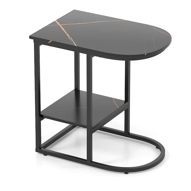 2 Tier Faux Marble C Shaped Bedside End Table with Metal Frame for Living Room Decor or Bedroom - 24" x 16" x 24"