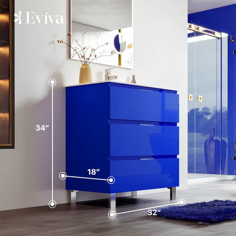 Eviva Malmo 32"W Blue Bath Vanity with Porcelain Integrated Sink