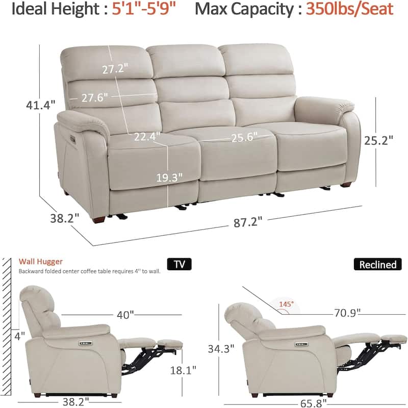 MCombo 61.6'' Wall Hugger Power Loveseat Recliner Sofa with Adjustable Headrest and USB A & C Charge Ports