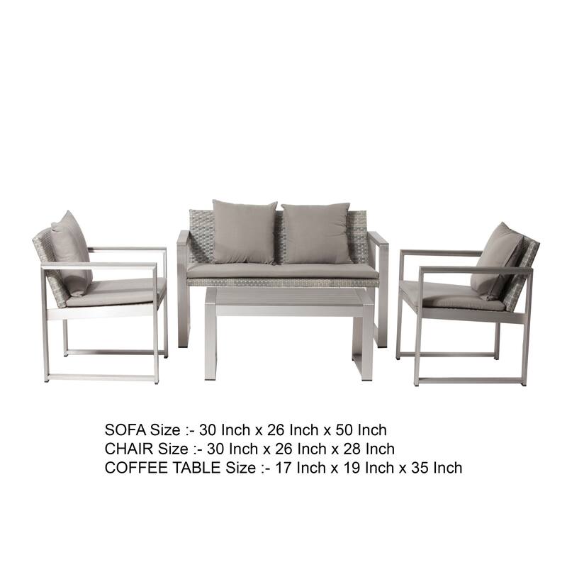 Lark 4 Piece Outdoor Sofa Set, All Weather Rattan, Gray Fabric Cushions