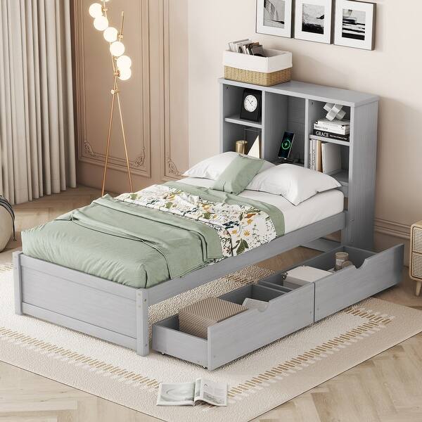 slide 2 of 15, Modern Twin Bed Frame with Bookcase Headboard, Built-in USB Port, and 2 Storage Drawers Grey
