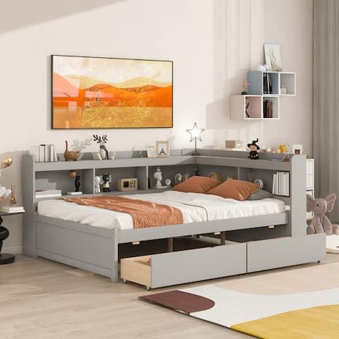 Full Size Platform Bed with L-shaped Bookcases, Drawers