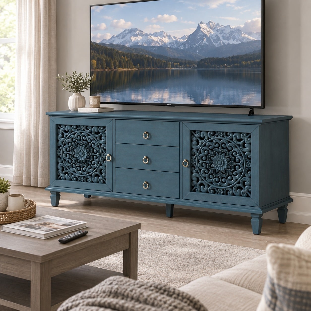 56" Farmhouse TV Stand with Carved Doors, 3 Drawers, Adjustable Shelves and Storage Cabinets