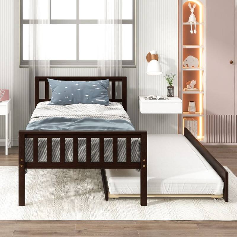 Platform Bed Frame with Headboard and Footboard，Twin Size Bed with Trundle - Espresso
