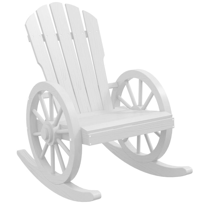 Outdoor Wooden Adirondack Rocking Chair with Wagon Wheel Armrest, Slatted Design and Oversized Back
