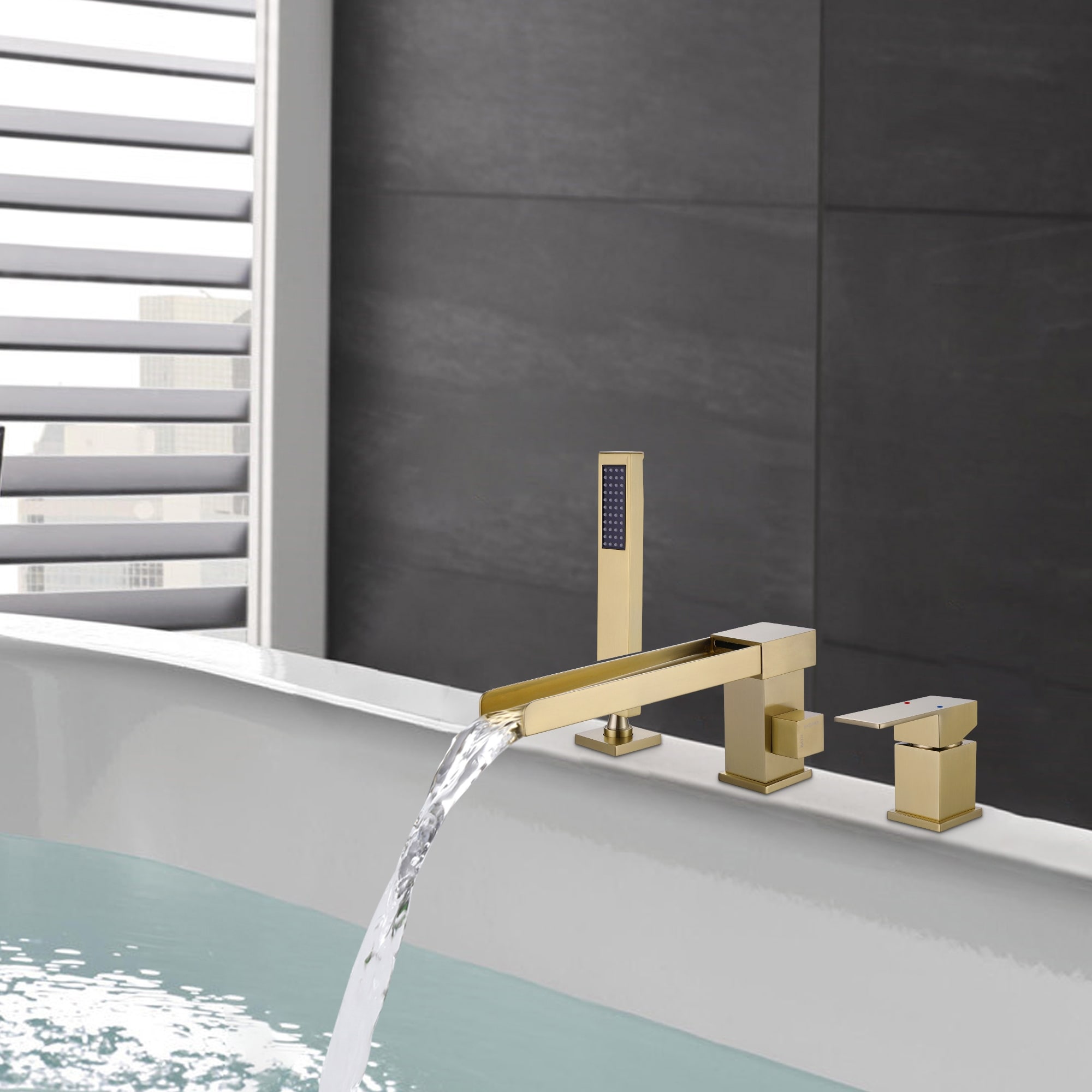 Solid Brass Single-Handle Deck Mounted Waterfall Roman Tub Faucet with Hand Shower