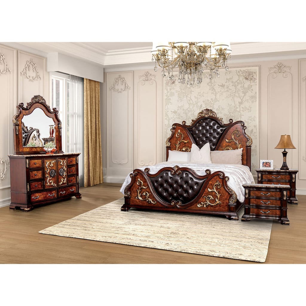 Furniture of America Cresswell Traditional 5-Piece Dark Cherry Faux Leather Tufted Panel Bedroom Set