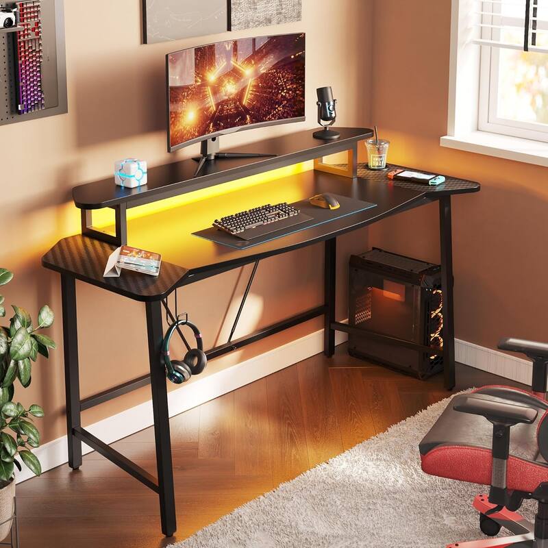 Bestier Gaming Desk 63" Computer Office table with LED Lights & Monitor Stand - Black