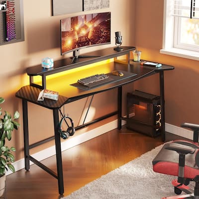 Bestier Gaming Desk 63" Computer Office table with LED Lights & Monitor Stand