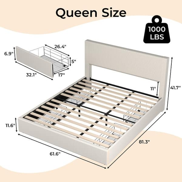 dimension image slide 2 of 8, Platform Bed with Channel Tufted Corduroy Headboard and 4 Storage Drawers