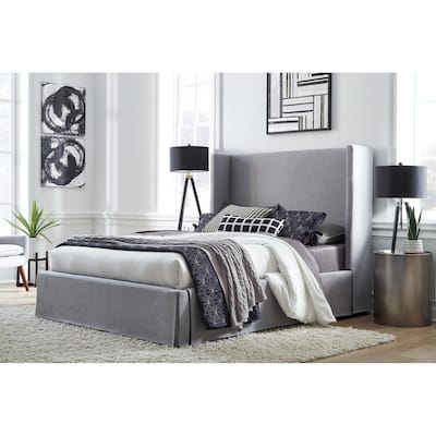 Cresta Upholstered Skirted Storage Panel Bed in Fog