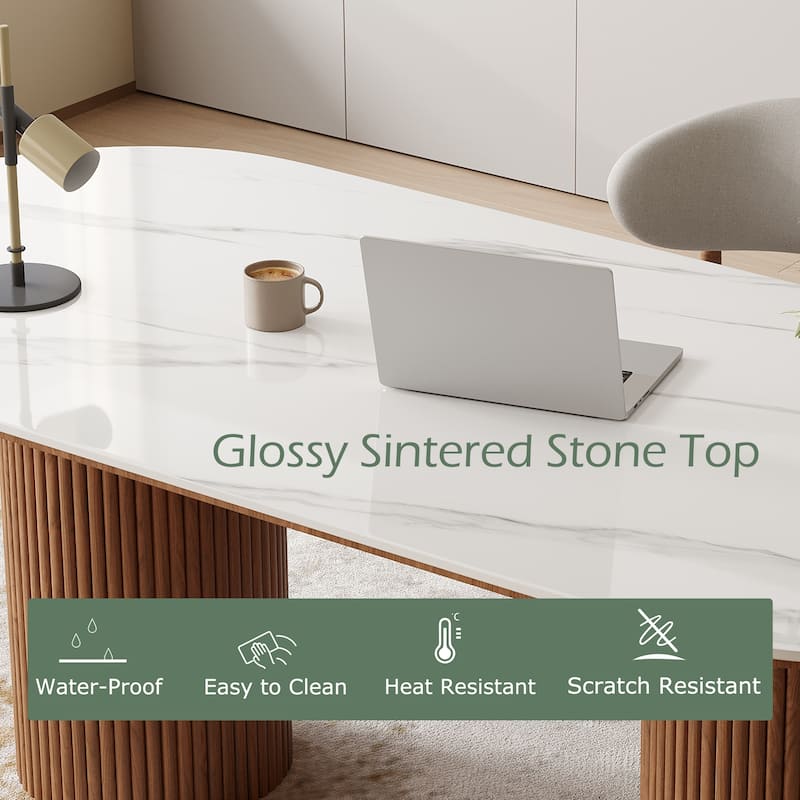 71" Modern Oval Writing Desk,Glossy White Office Table,with Double Solid Wood Legs, 3 Colors Optional